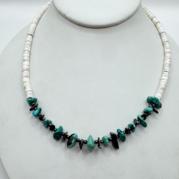 Vtg Heishi Shell Turquoise Hematite Chip Necklace Southwest Stone Jewelry 17” - Picture 1 of 11